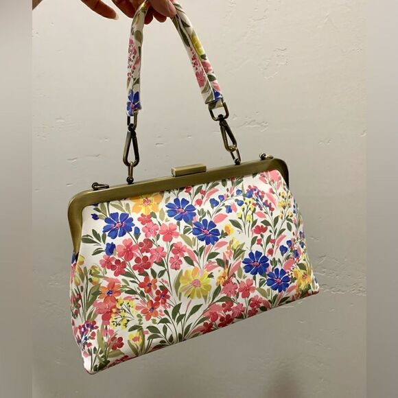 Handmade Genuine Nubuck Calfskin Floral Print Push-lock Bag & 2 Chains Style - Picture 1 of 16